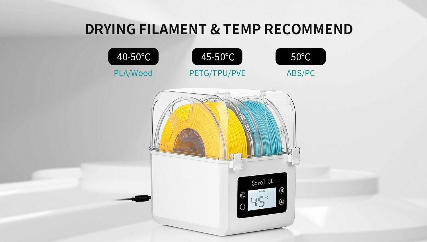 Sovol 3D Printer Dryer Box Filament 2 Rolls Keep Drying PLA/ABS/PETG/TPU US
