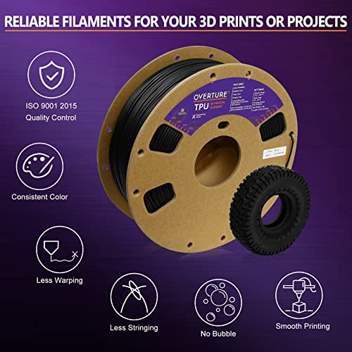Black OVERTURE TPU Filament 1.75mm - Flexible 3D Printer