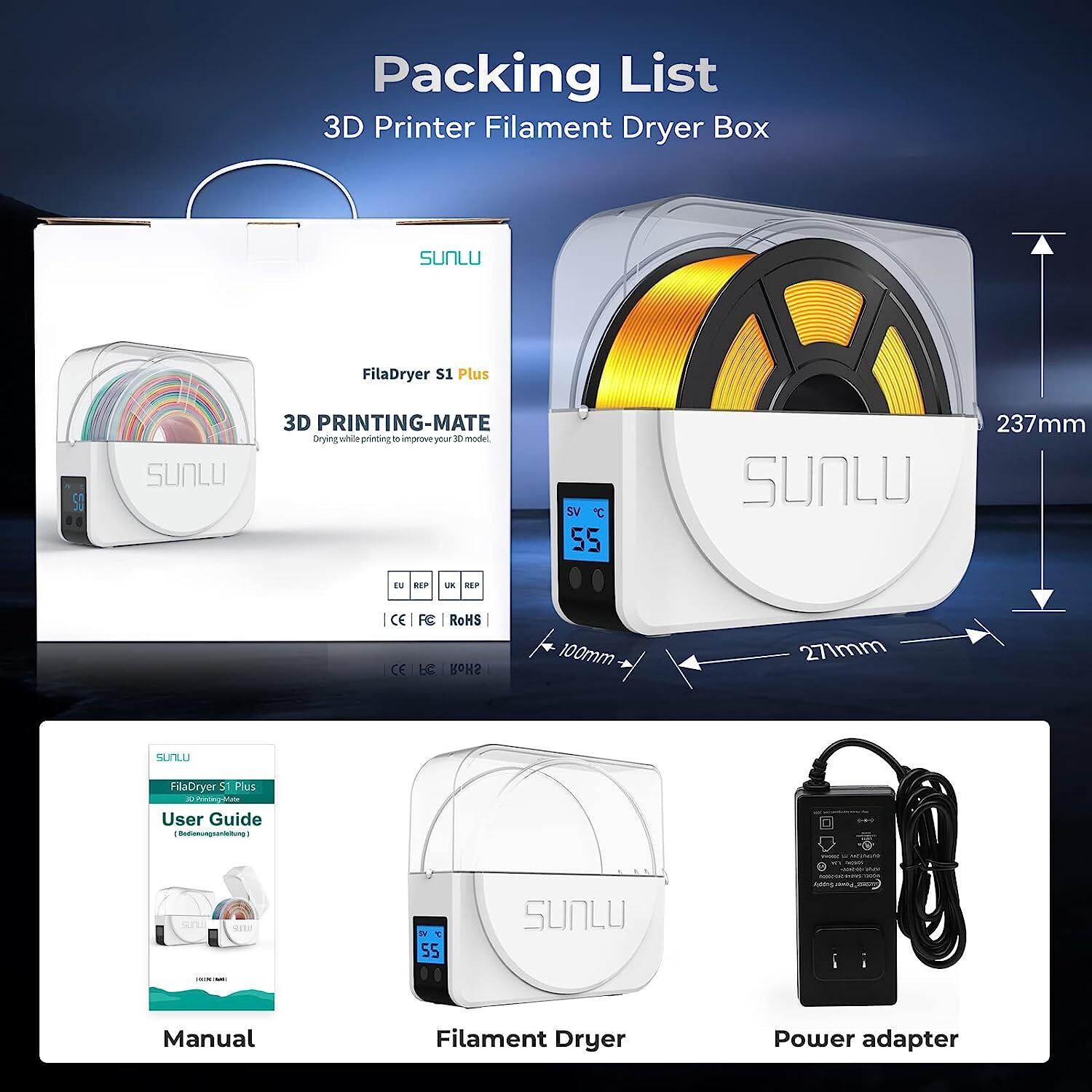 Sunlu S1 3D Printer Filament Dryer Box Filament Holder Storage Timer PLA PETG