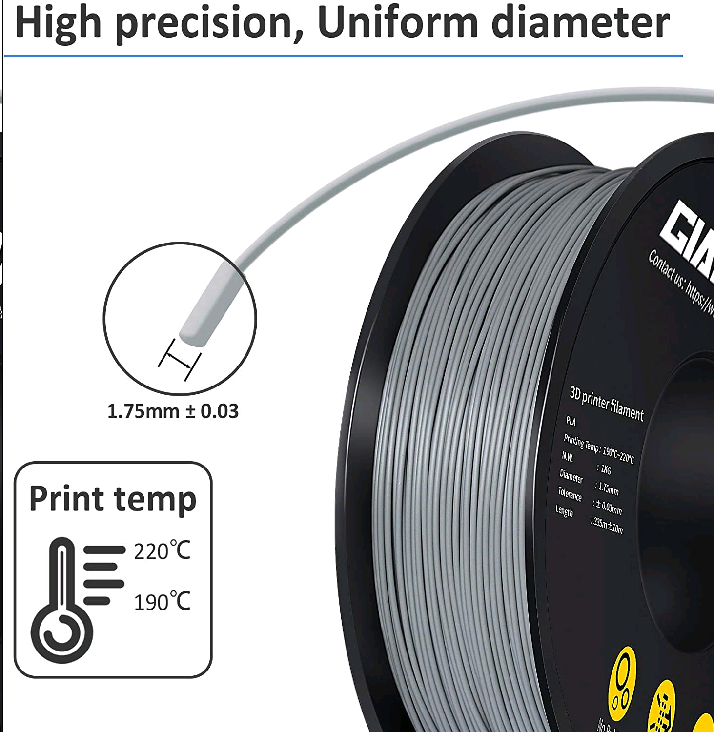Giantarm Grey PLA Filament, 1.75mm, 1kg