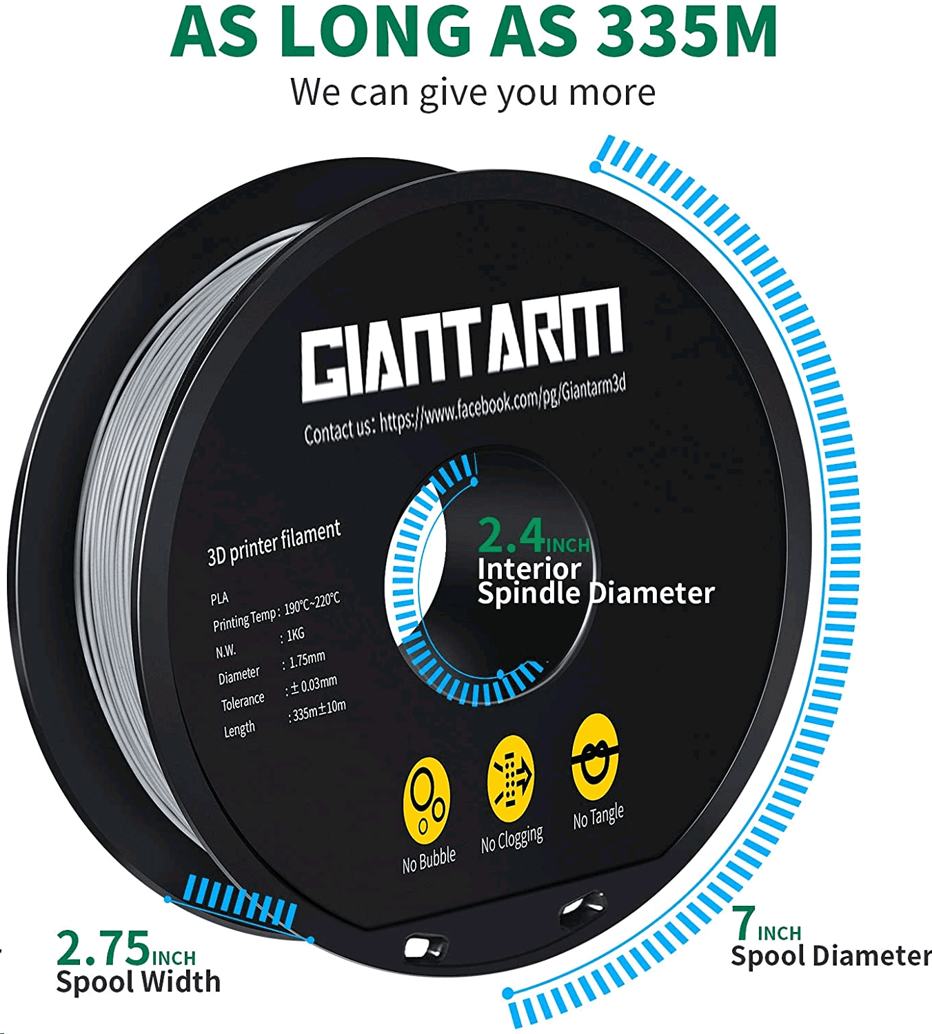Giantarm Grey PLA Filament, 1.75mm, 1kg