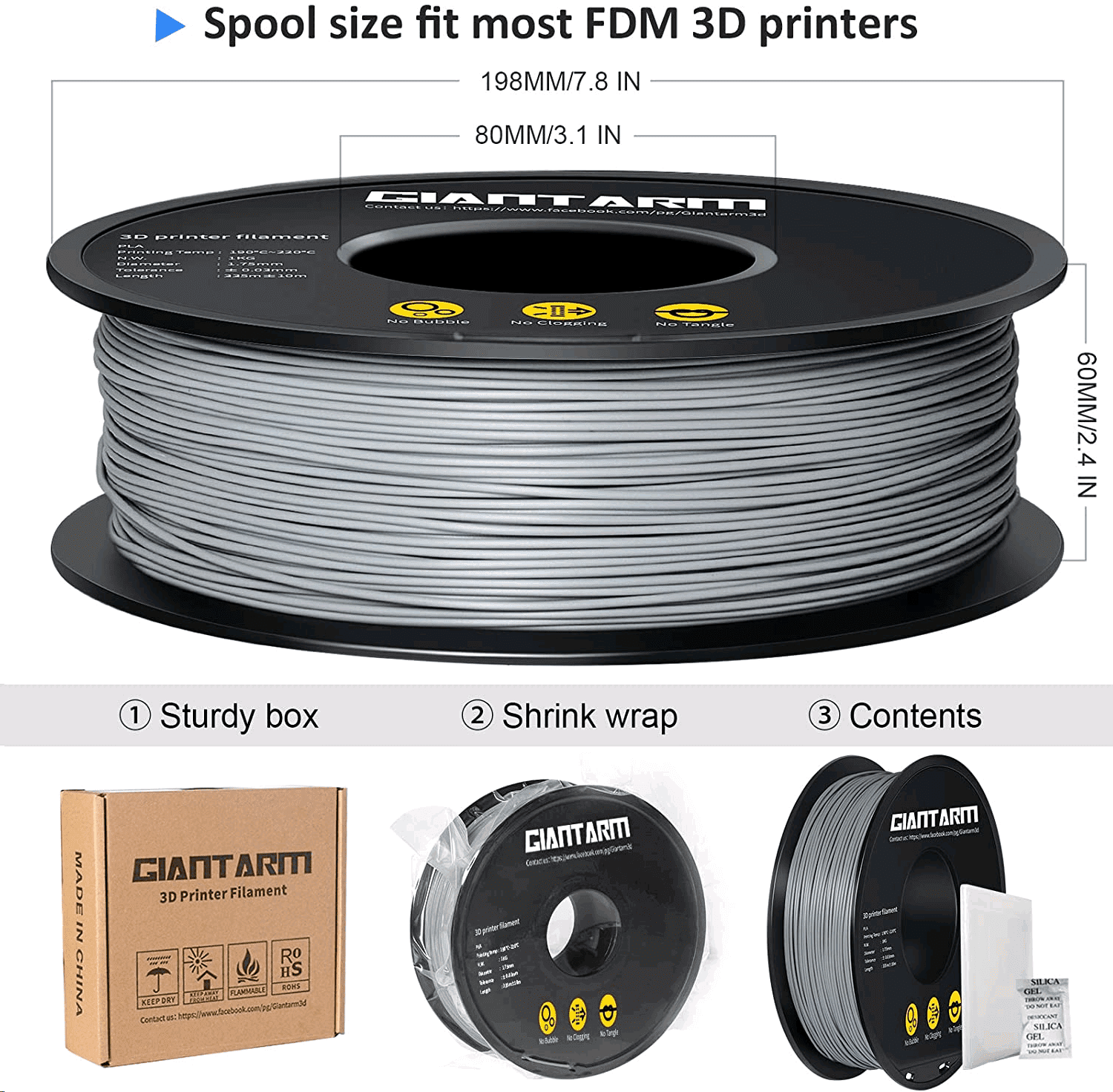 Giantarm Grey PLA Filament, 1.75mm, 1kg