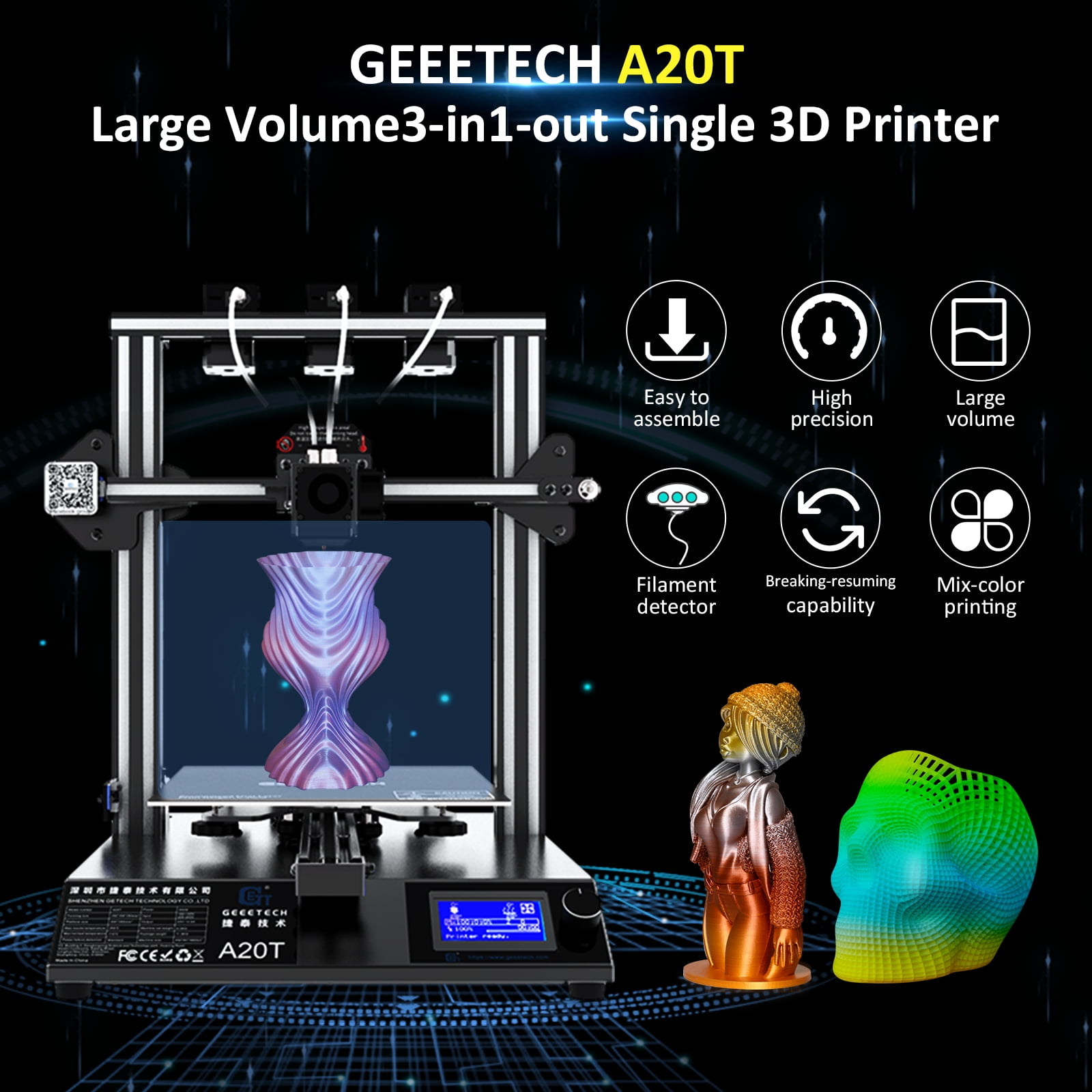 GEEETECH A20T Triple Color Mixing 3D Printer Upgraded