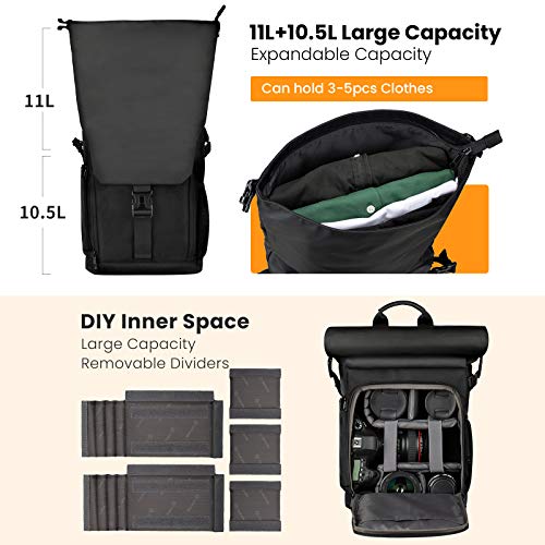 TARION Waterproof Rolltop Camera Backpack with Laptop Case