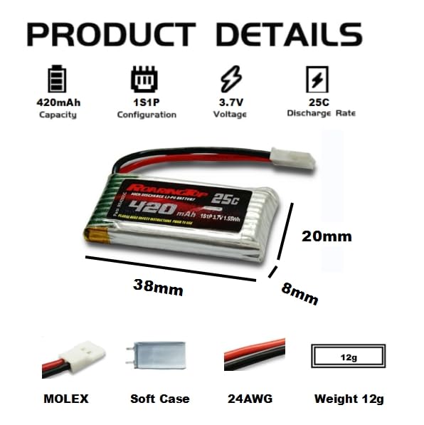 RoaringTop 5PCS 3.7V 420mAh Lipo Battery Set
