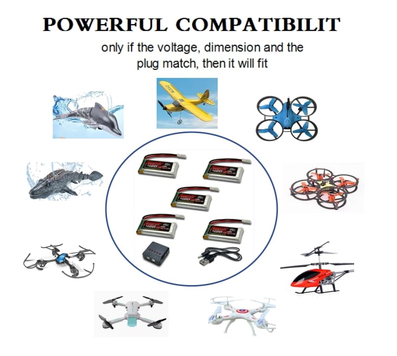 RoaringTop 5PCS 3.7V 420mAh Lipo Battery Set