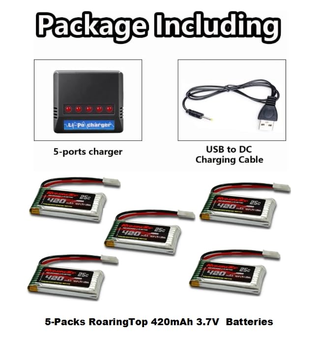 RoaringTop 5PCS 3.7V 420mAh Lipo Battery Set