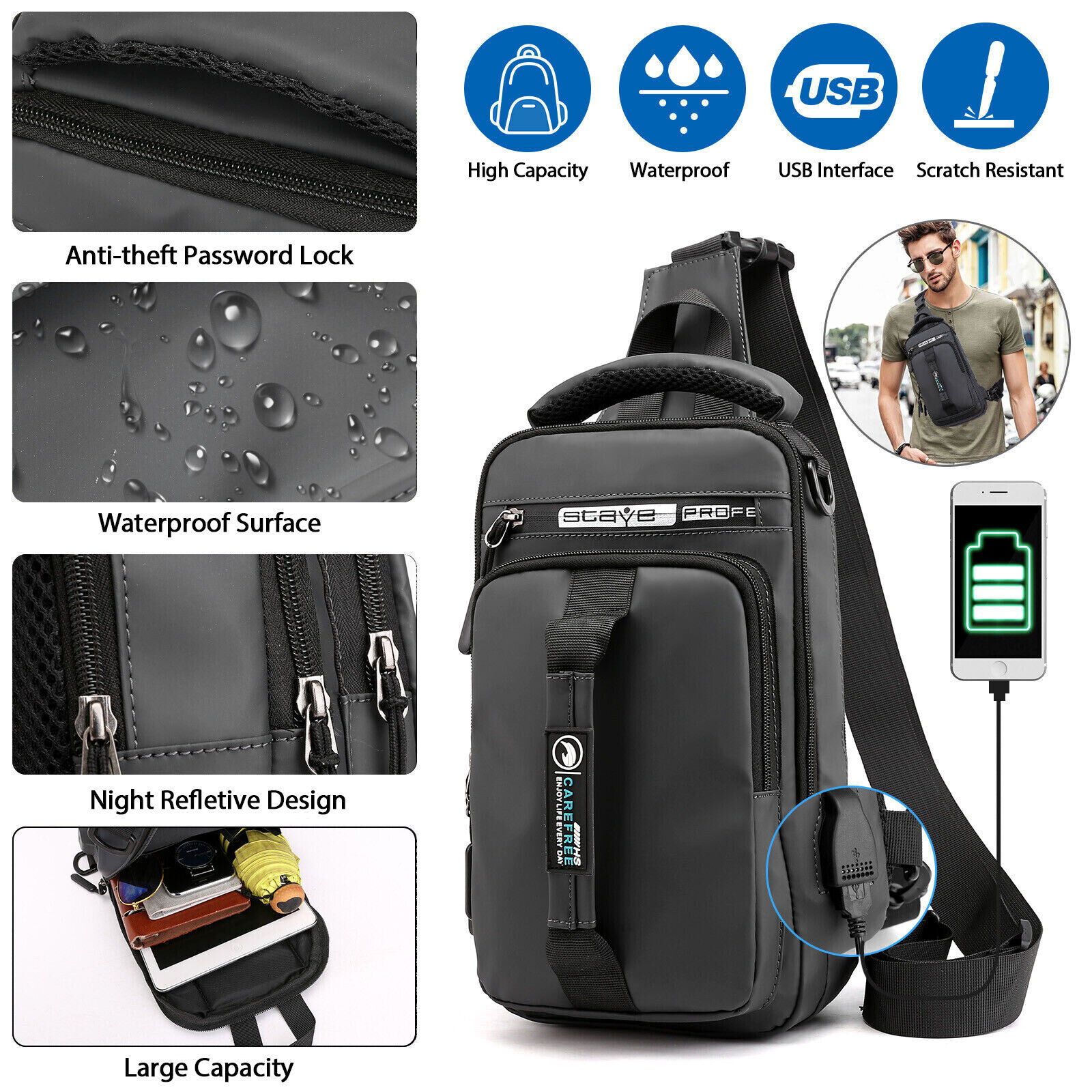 Men's Crossbody Bag with USB Port