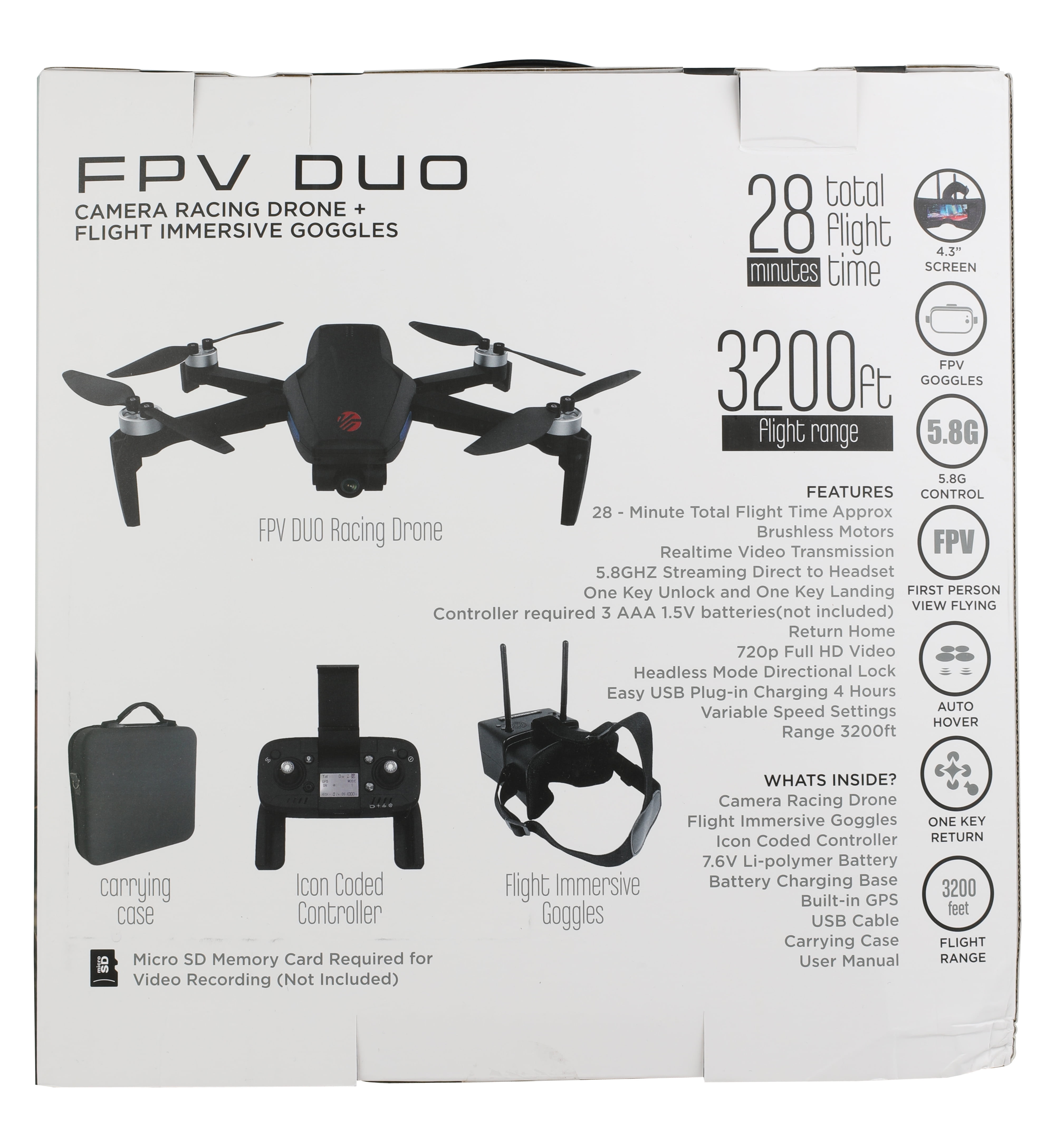 Vivitar FPV Duo Racing Drone with Goggles and GPS, Black