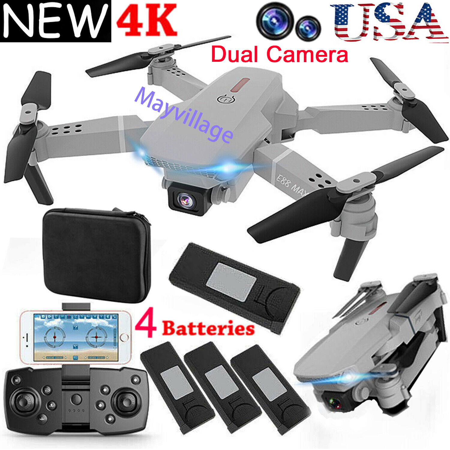 Foldable Dual Camera 4K Drone with 4 Batteries