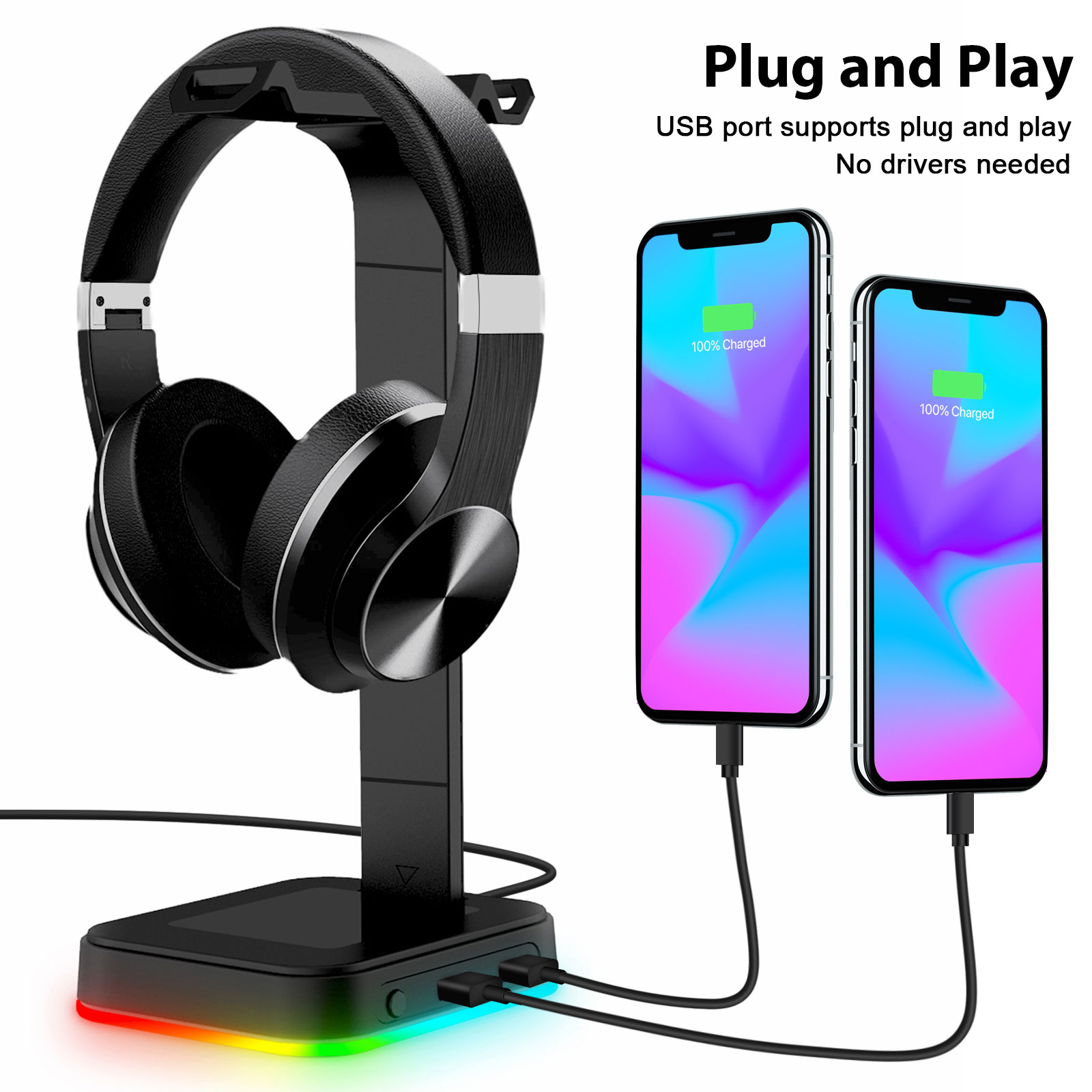 RGB Headphone Stand with USB Ports - Gaming Desk Accessory