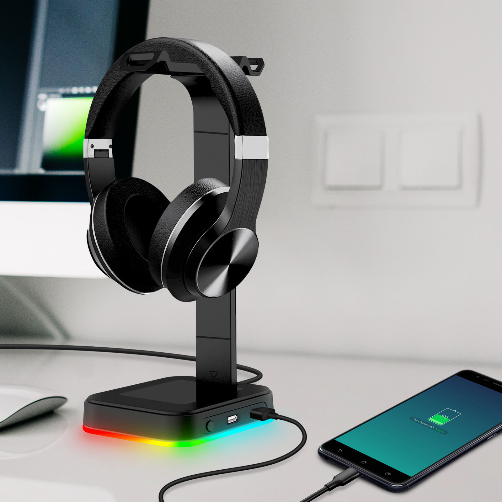 RGB Headphone Stand with USB Ports - Gaming Desk Accessory