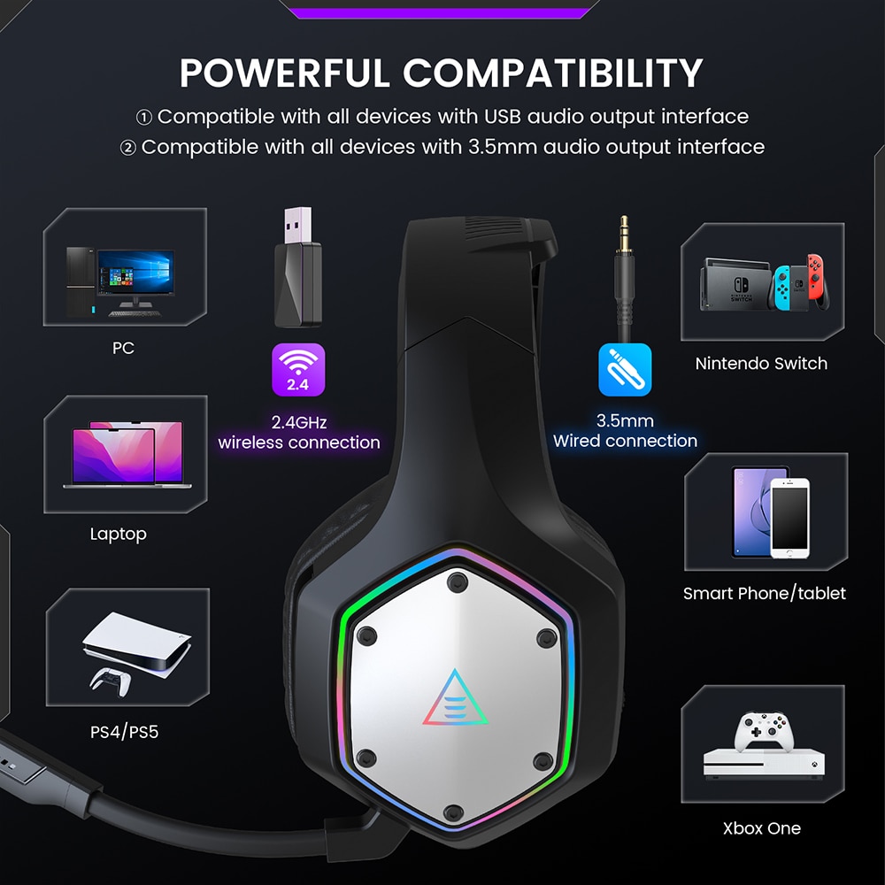 Wireless Gaming Headset with Surround Sound and Mic