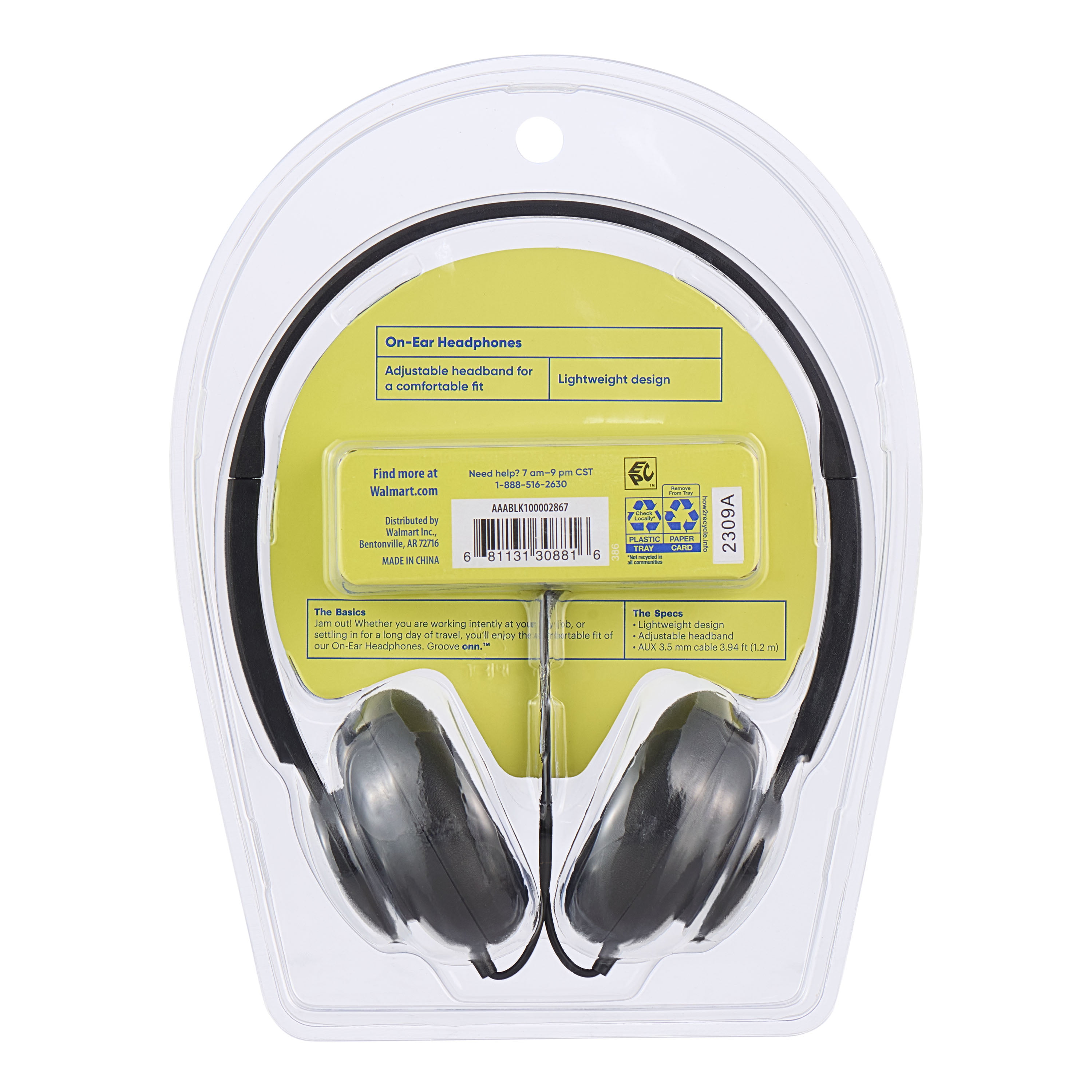 onn. Wired On-Ear Headphones - Black