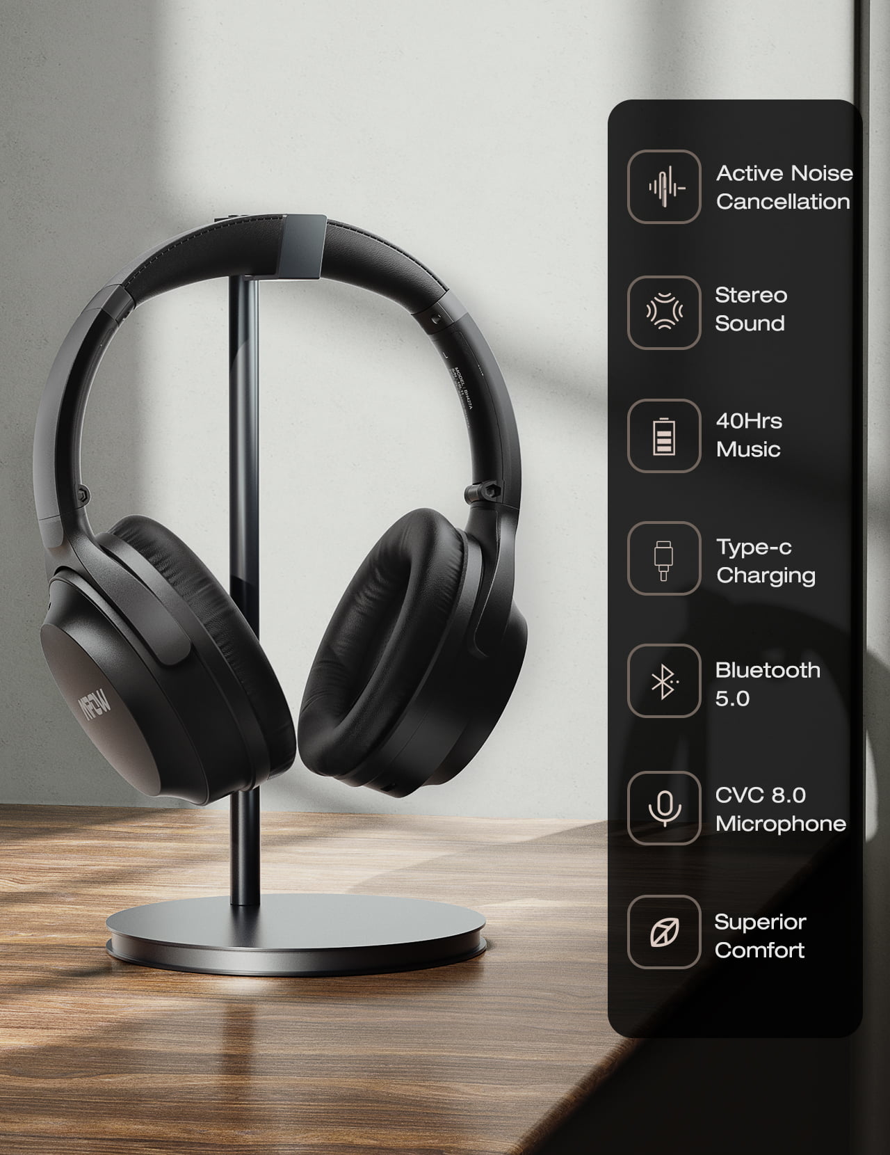 Mpow Wireless Noise Cancelling Headphones - Black