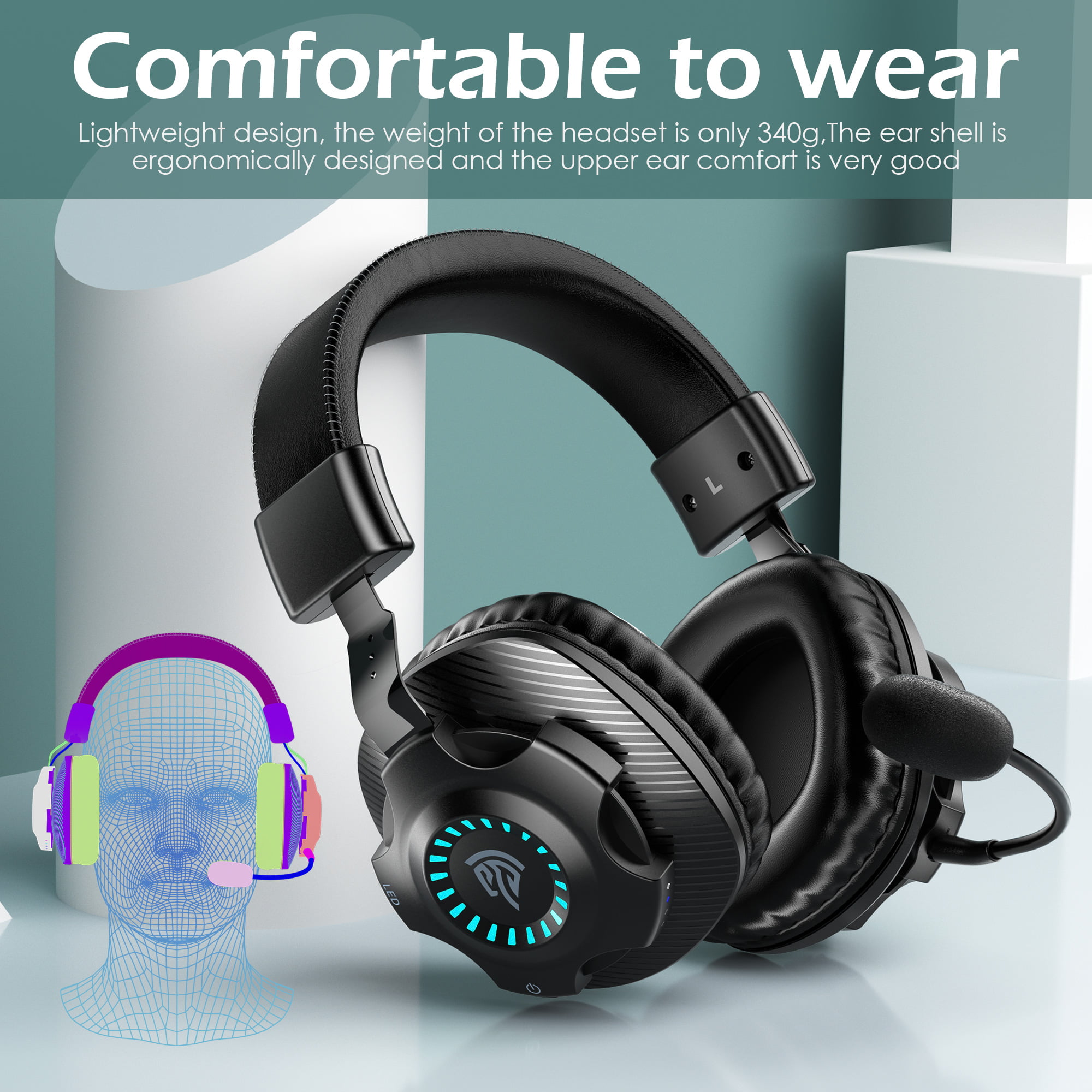 Wireless Gaming Headset with Noise Canceling Mic & RGB