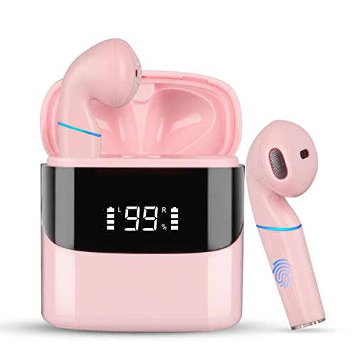 Pink Wireless Earbuds with Touch Control and Mic
