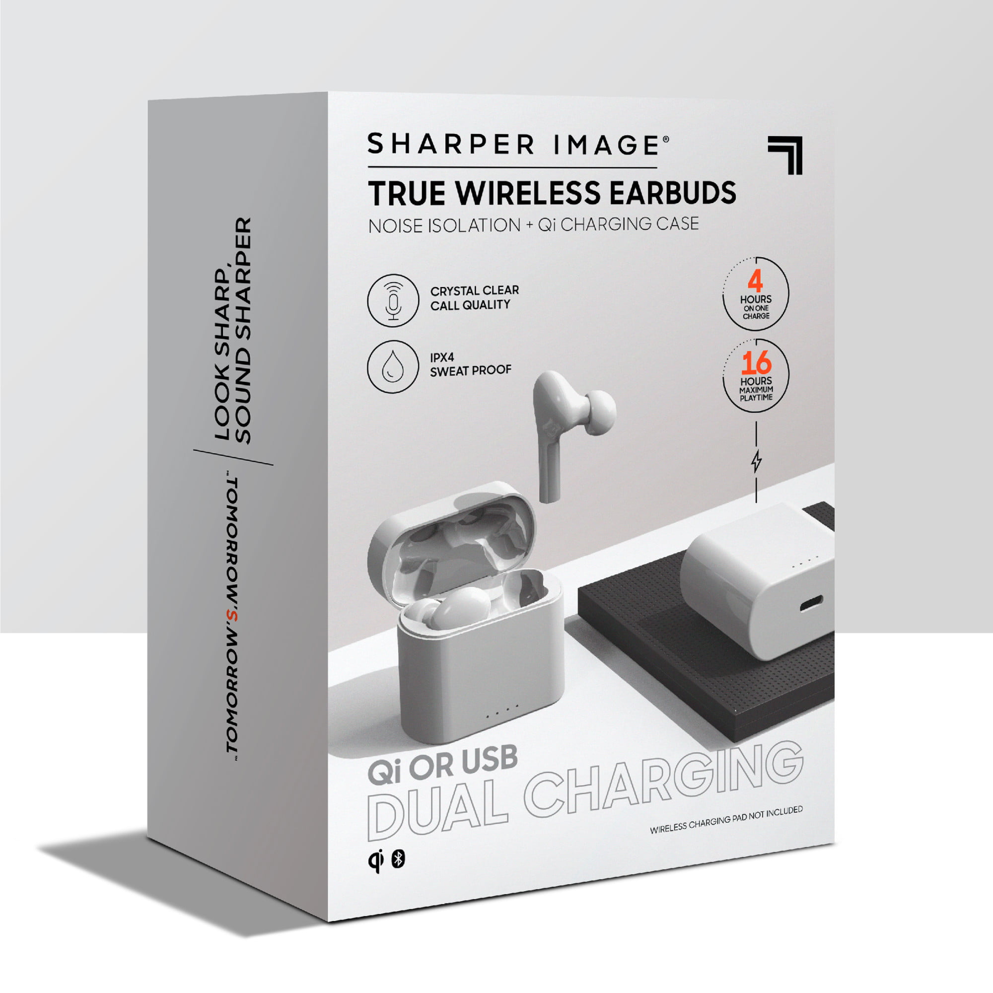Wireless earbuds with Qi charging & noise cancellation
