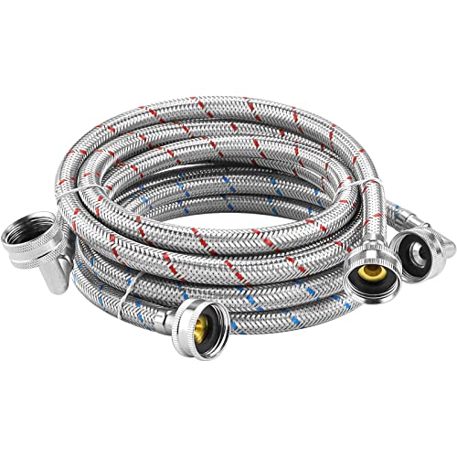 6FT Washer Stainless Steel Hoses with 90 Degree Elbows - 6 Ft Long Burst Proof Water Supply Lines for Washing Machine Hot and Cold Striped Water Supply Lines (2 Pack)
