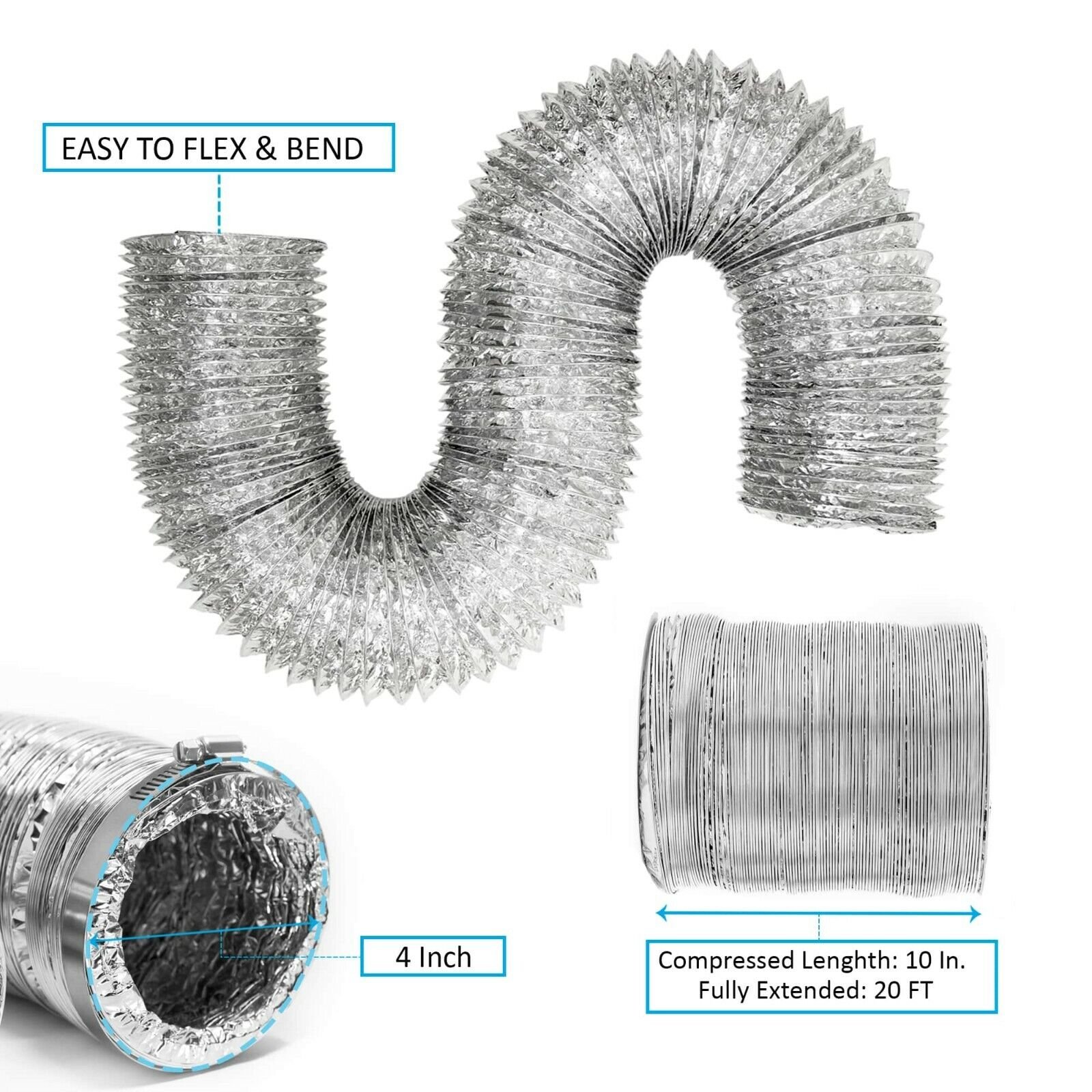 Flexible Clothes Dryer Duct Kit, 4 Inch, 10/20 ft