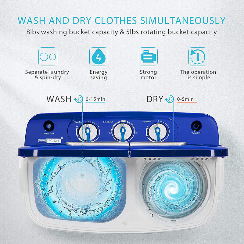 Portable Twin Tub Washing Machine - 13.5LBS Blue
