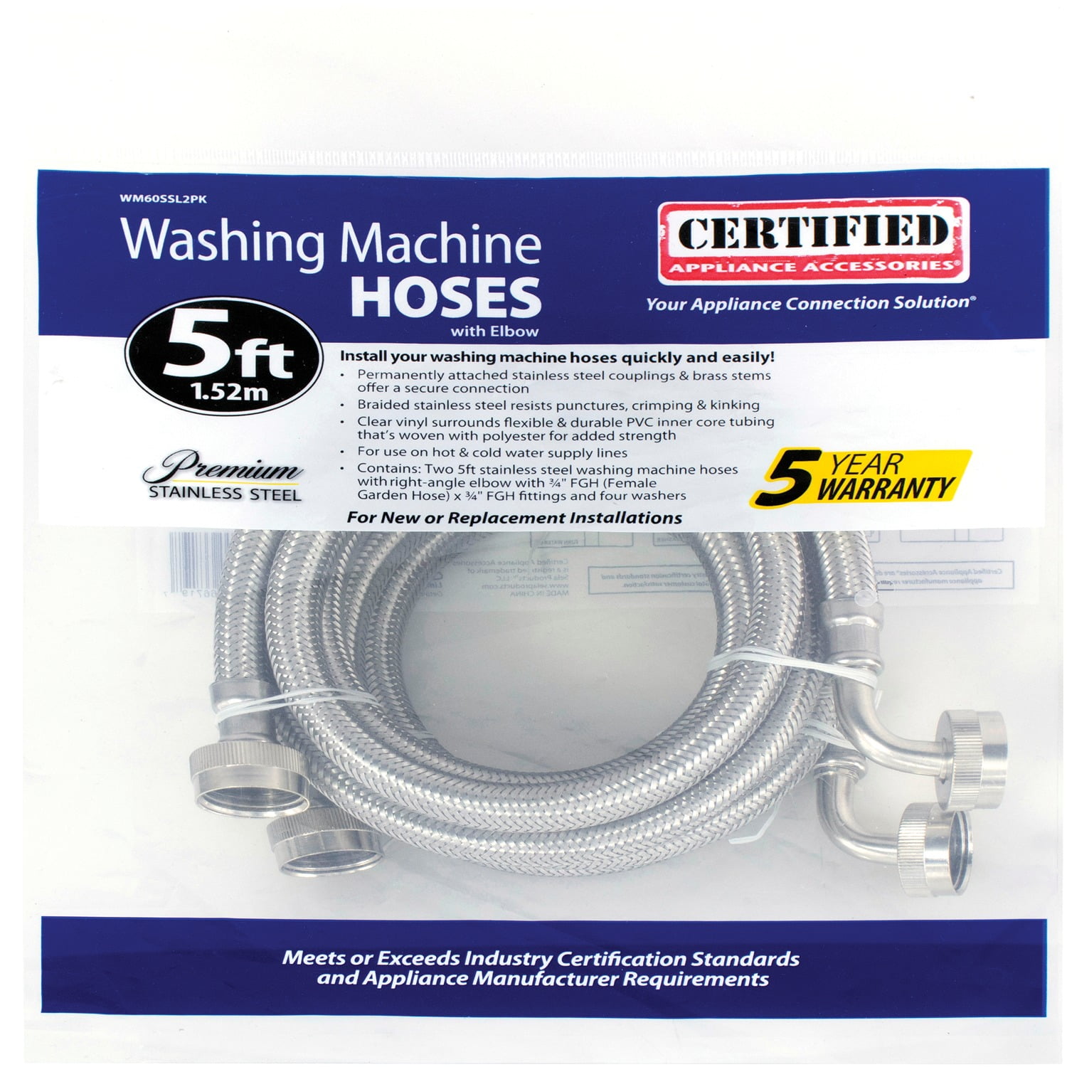 Braided Stainless Steel Washing Machine Hoses - 2 Pack