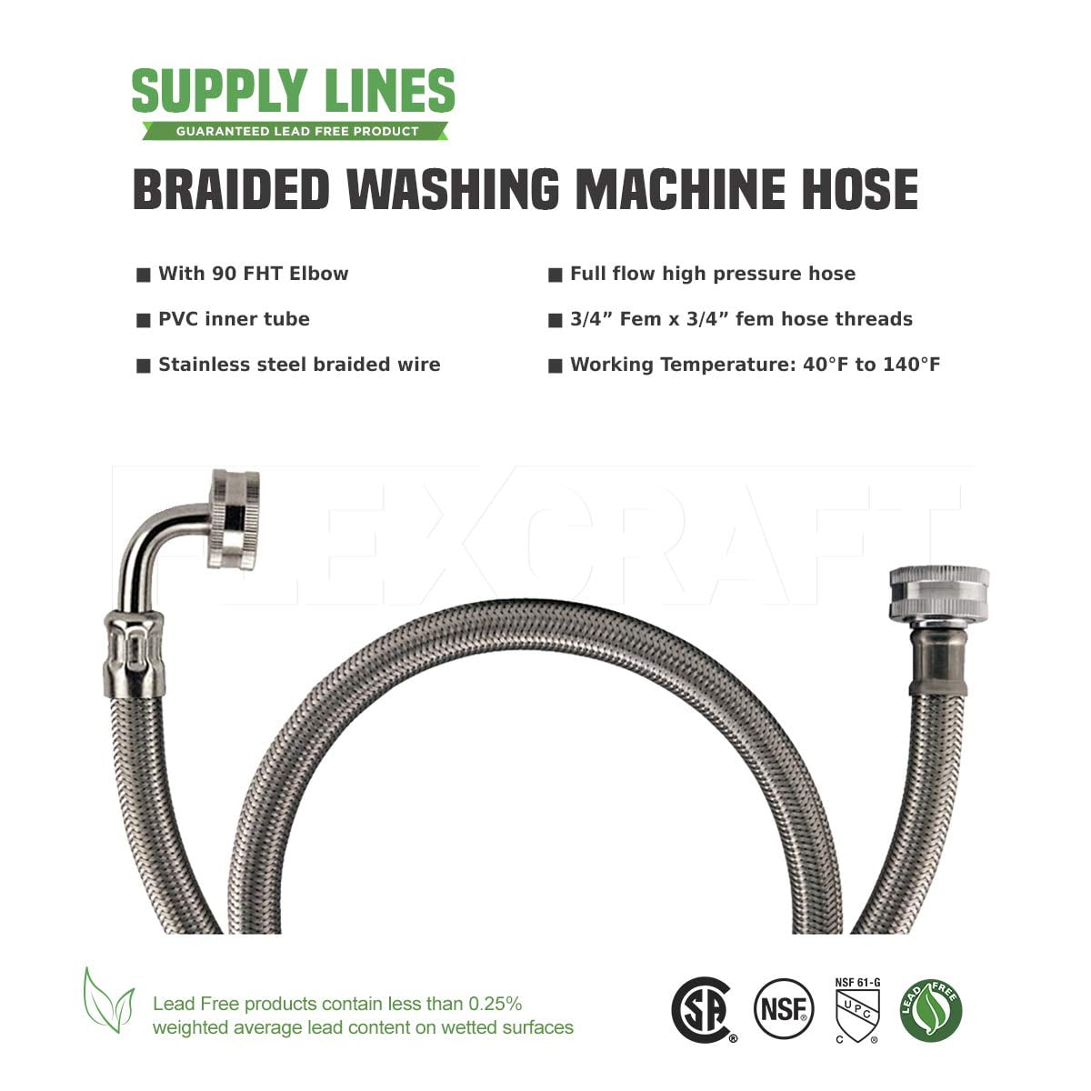 Stainless Steel Washing Machine Supply Line - 5 Ft