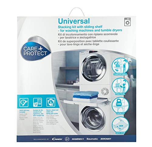 CARE+PROTECT Universal Stacking Kit with Sliding Shelf for Wachine Machines and Dryers, Suitable for Washing Machines with Depth 47-62 cm, Rounded Control Panel Front; Dryer with Depth 58cm