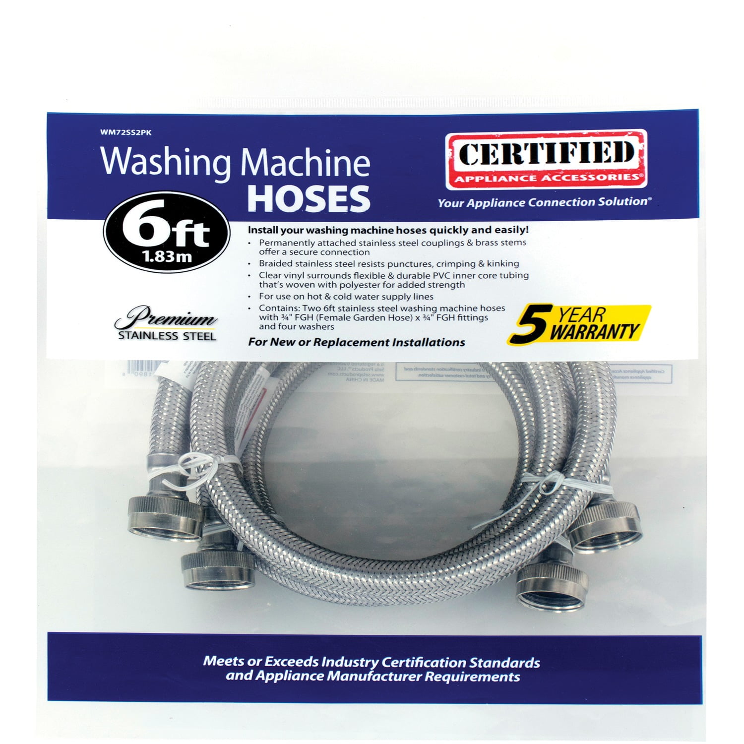 Braided Stainless Steel Washing Machine Hoses - 2 Pack