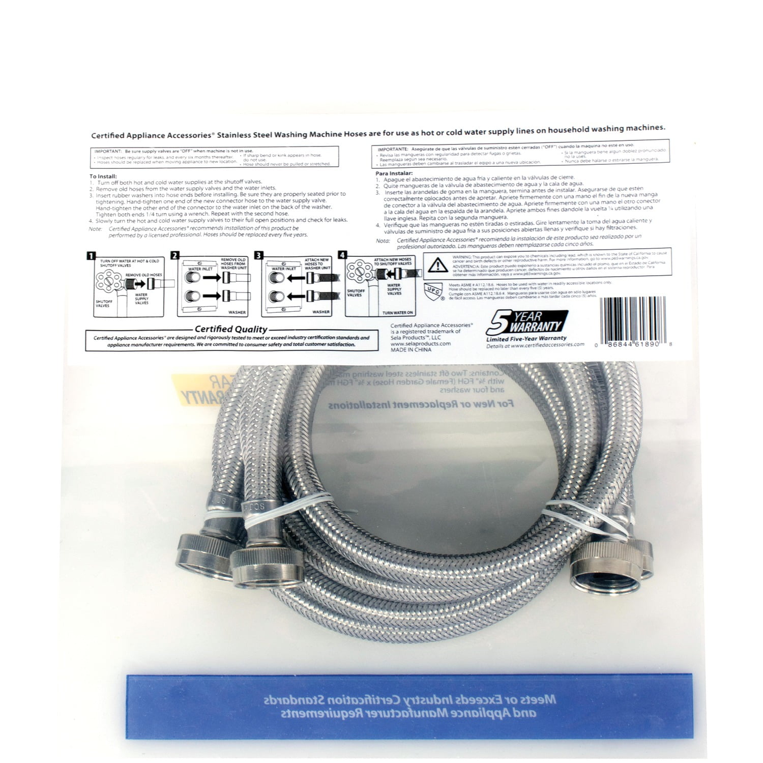 Braided Stainless Steel Washing Machine Hoses - 2 Pack
