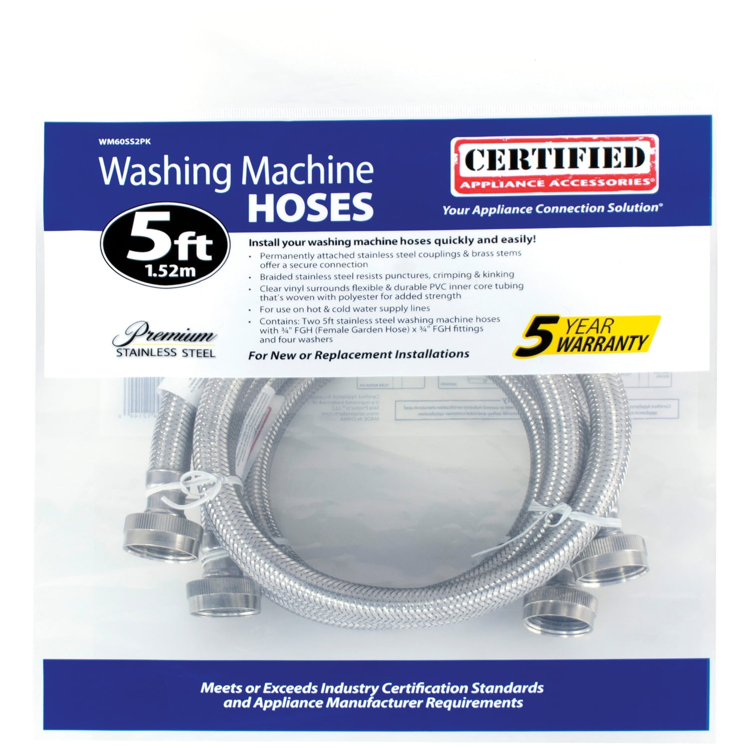 Braided Stainless Steel Washing Machine Hoses - 2 Pack
