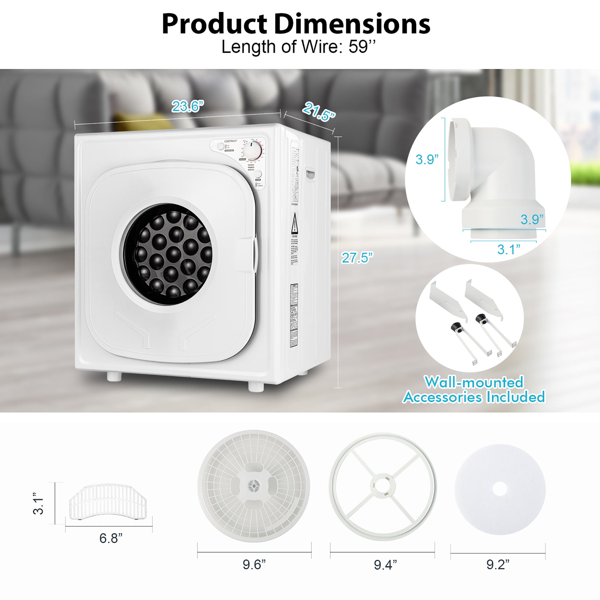 Costway 1500W Compact Stainless Steel Tumble Dryer
