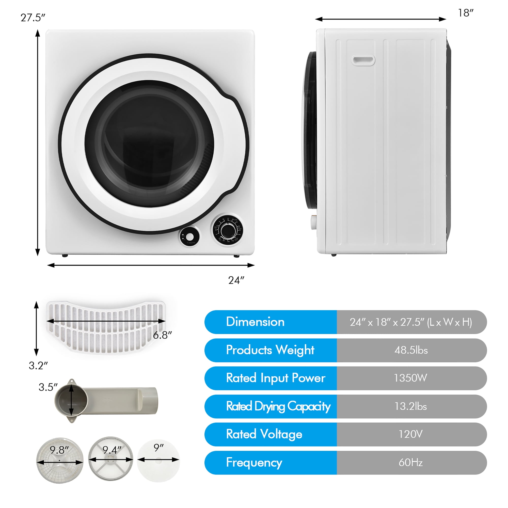 Costway Compact 1350W Electric Clothes Dryer 13.2 lbs