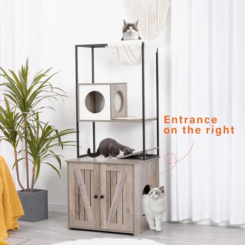 Modern Cat Tree with Litter Box Enclosure, 57.9-Inch