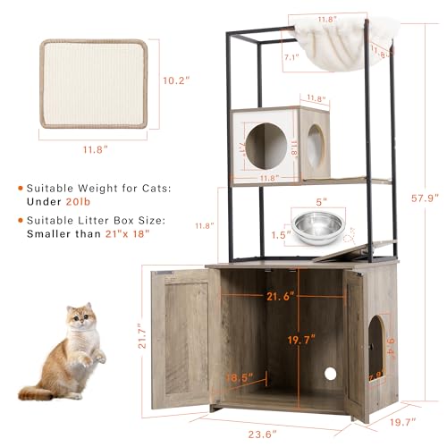 Modern Cat Tree with Litter Box Enclosure, 57.9-Inch
