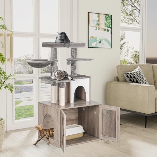 Snughome Cat Litter Box with Tree Tower, Grey