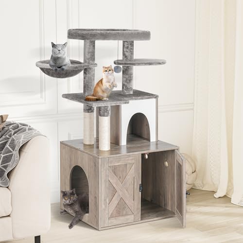 Snughome Cat Litter Box with Tree Tower, Grey