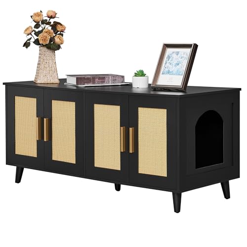 Boho Cat Litter Box Enclosure with Rattan Doors