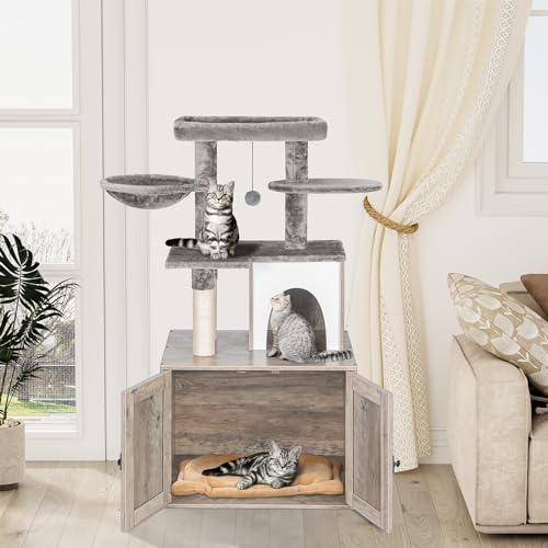 Snughome Cat Litter Box with Tree Tower, Grey