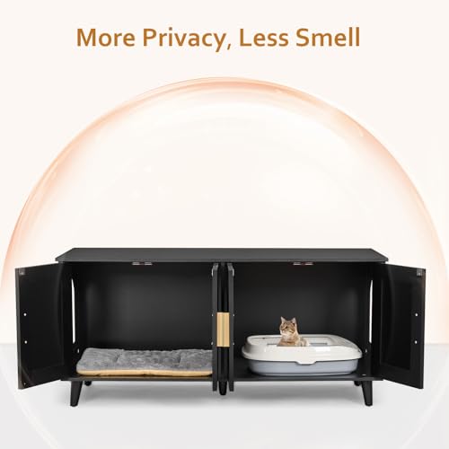 Boho Cat Litter Box Enclosure with Rattan Doors