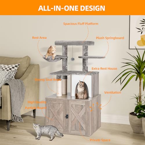 Snughome Cat Litter Box with Tree Tower, Grey