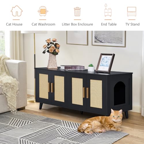 Boho Cat Litter Box Enclosure with Rattan Doors