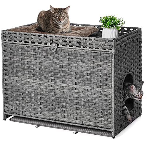 Handwoven Rattan Cat House with Hidden Litter Box