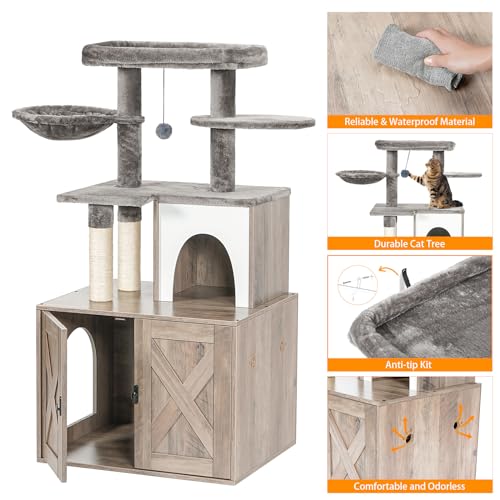 Snughome Cat Litter Box with Tree Tower, Grey