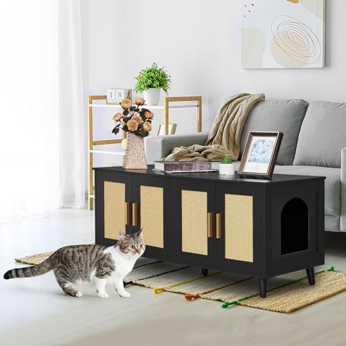 Boho Cat Litter Box Enclosure with Rattan Doors