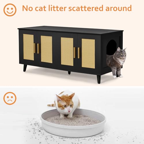Boho Cat Litter Box Enclosure with Rattan Doors