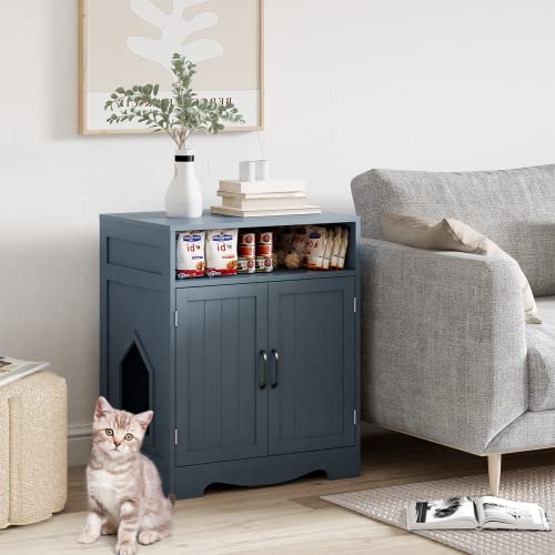 Modern Gray Wooden Cat Litter Box Enclosure Cabinet