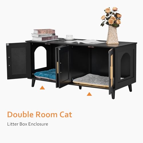 Boho Cat Litter Box Enclosure with Rattan Doors