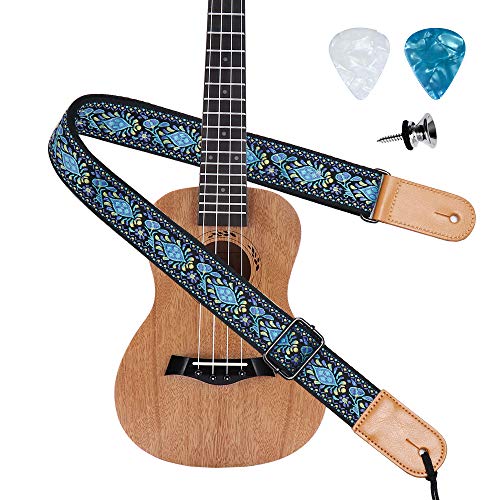 Blue Floral Jacquard Ukulele Shoulder Strap for Various Styles