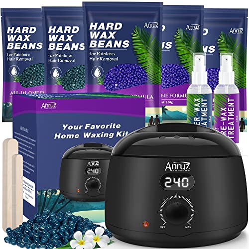 Anruz Waxing Kit for Women Men - Digital Wax Kit for Hair Removal - For Sensitive Skin, Eyebrows, Brazilian, Face, Bikini - Home Use Wax Warmer with 5 Bags Hard Wax Beads (17.5 oz. total)